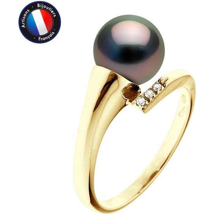 PERLINEA - Genuine Tahitian Cultured Pearl Ring Round 8-9 Mm - Real Diamonds - Yellow Gold - Women's Jewelry