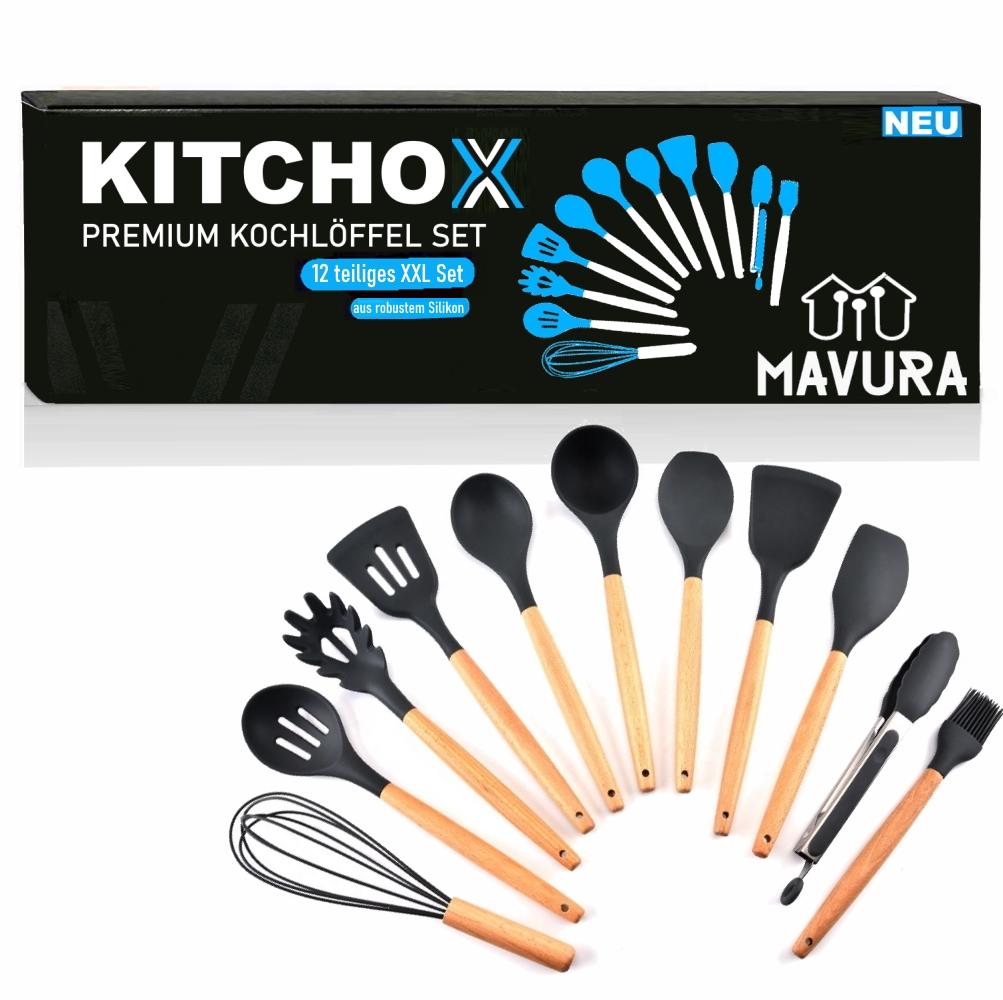 KITCHOX Kitchen Utensils Set Wooden Silicone Cooking Cutlery Spoon Helper [12 Pieces]