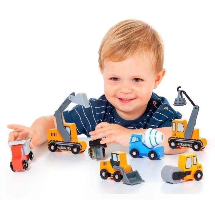 Wooden Toy - Articulated - Set of 7 Construction Vehicles - Self-assembly - 3 Years and Up