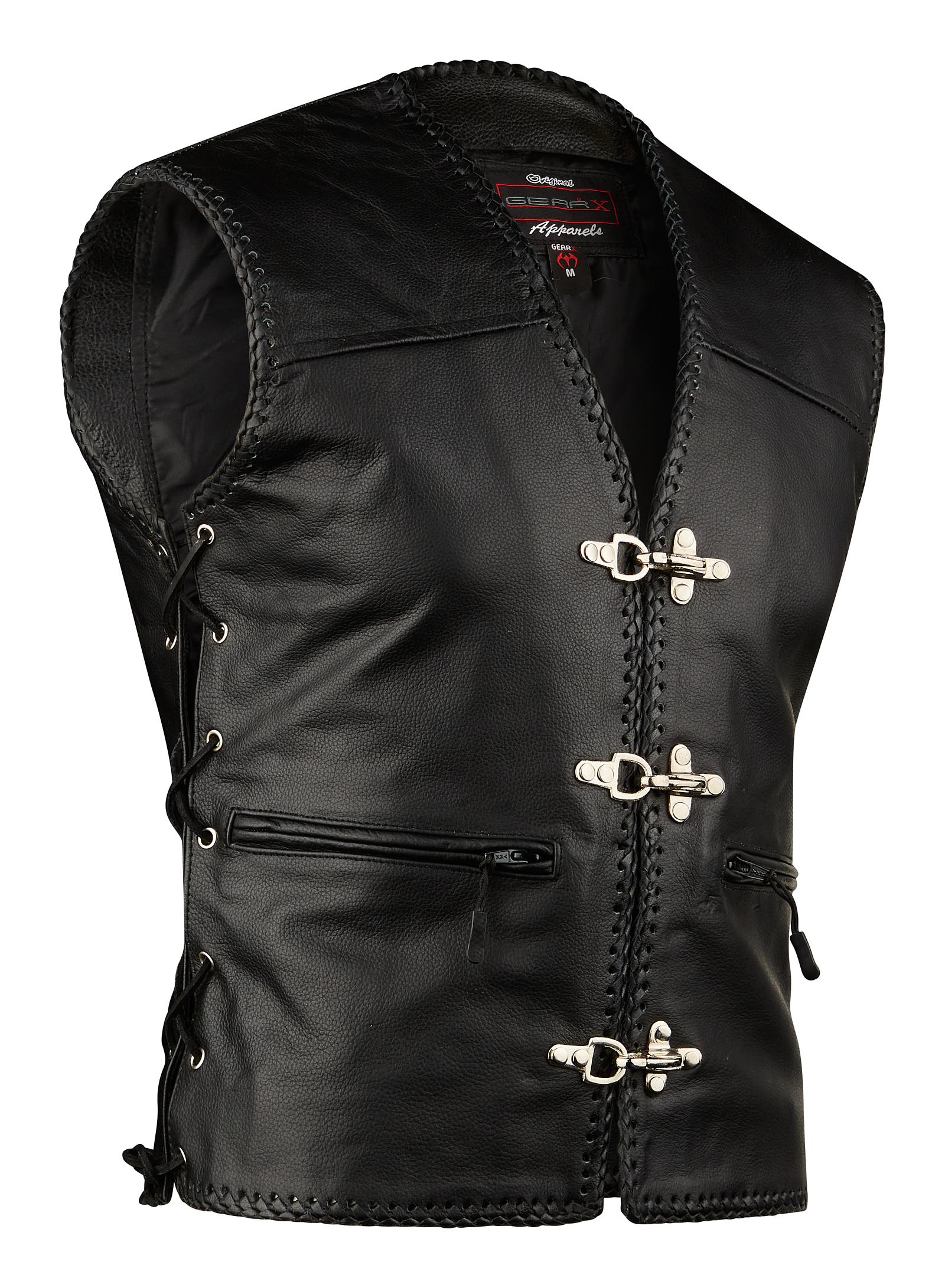 Mens Leather Vest for Motorcycle Braided Waistcoat with Metal Hooks