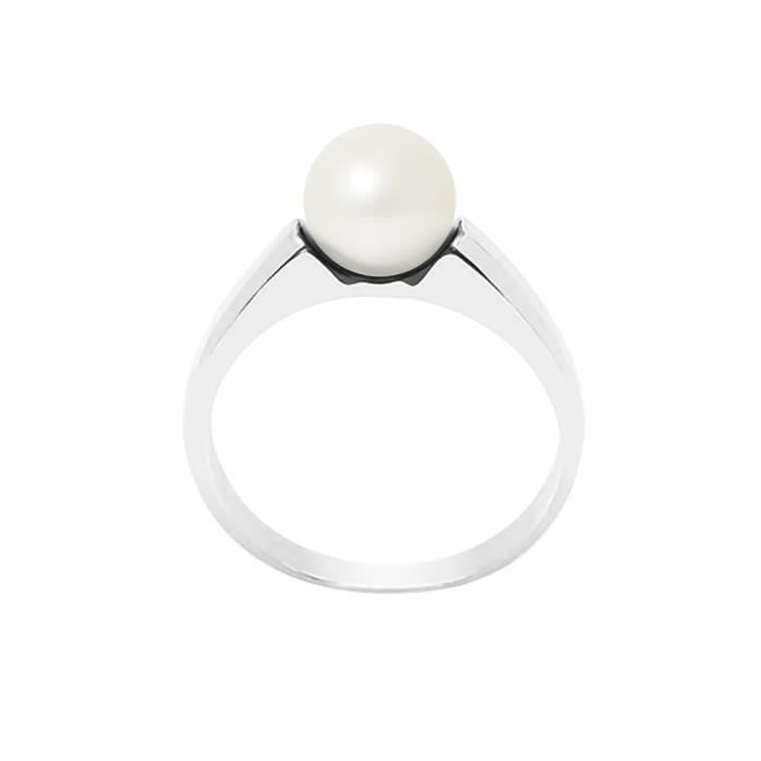 PERLINEA - Genuine Round Freshwater Cultured Pearl Ring 7-8 Mm - Natural White Color - 925 Sterling Silver - Women's Jewelry