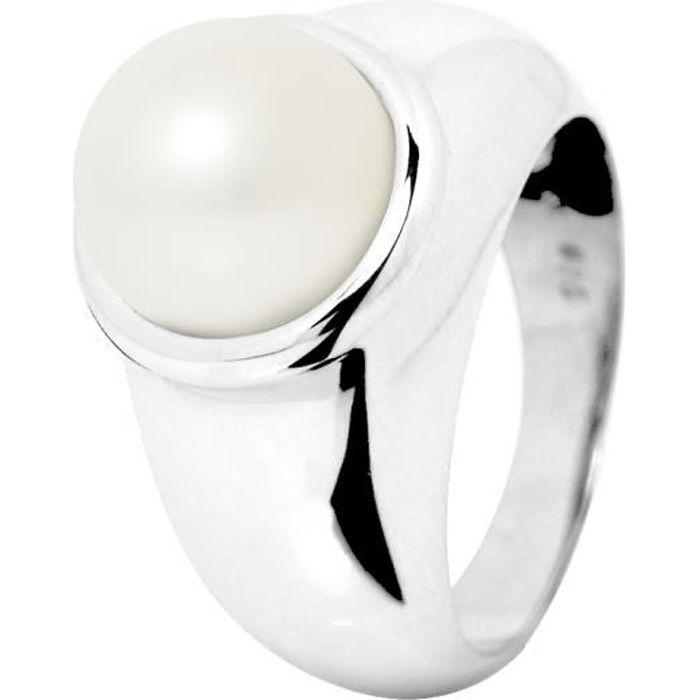 PERLINEA - Genuine Freshwater Cultured Pearl Ring Button 9-10 Mm Natural White - 925 Sterling Silver - Women's Jewelry