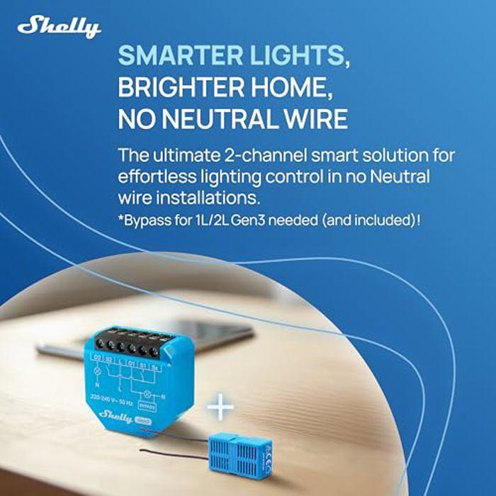 Connected Switch - Shelly - 2L Gen3 - 2 Channels 200-700 W - Neutral Wire Not Required - Bypass Included