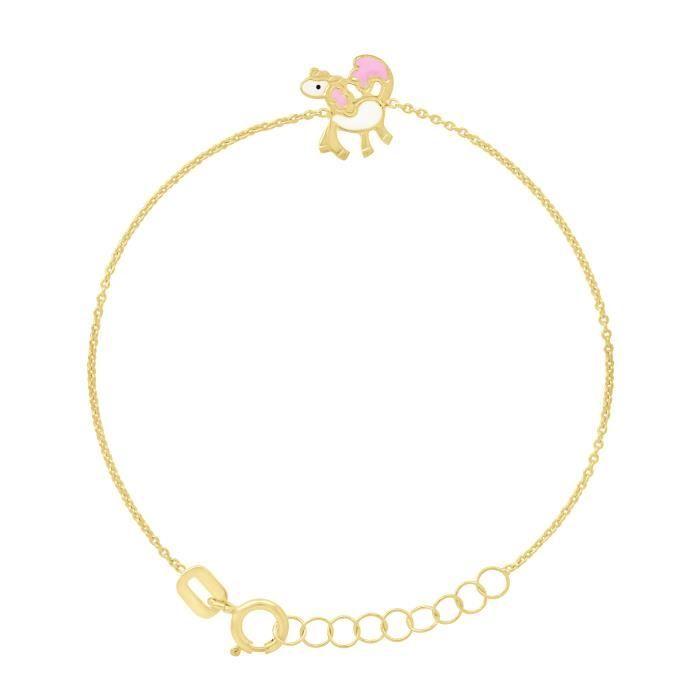 Children's Bracelet - LÉA &; ARTHUR - HORSE Motifs - 375 Yellow Gold - Adjustable Length 12-14 Cm - White/Pink Enamel
