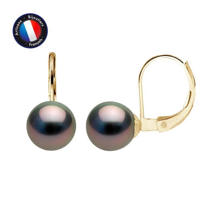 Earrings - PERLINEA - Genuine Tahitian Pearls 8-9 Mm - Yellow Gold - Sleeper - AAA+