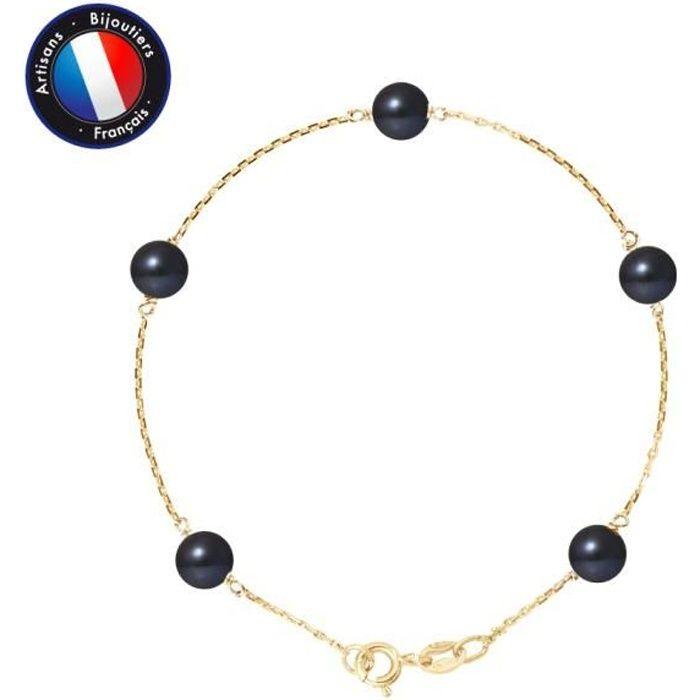 Bracelet - PERLINEA - 5 Freshwater Cultured Pearls 6-7 Mm - Yellow Gold - Black - Women