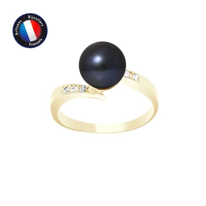PERLINEA - Genuine Round Freshwater Cultured Pearl Ring 8-9 Mm - Black Tahiti Color - Diamond - Yellow Gold - Women's Jewelry