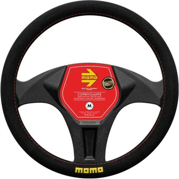 Microfiber Steering Wheel Cover - Momo - Black - Red Stitching - 38-39 Cm - Comfortable Grip - Yellow Logo