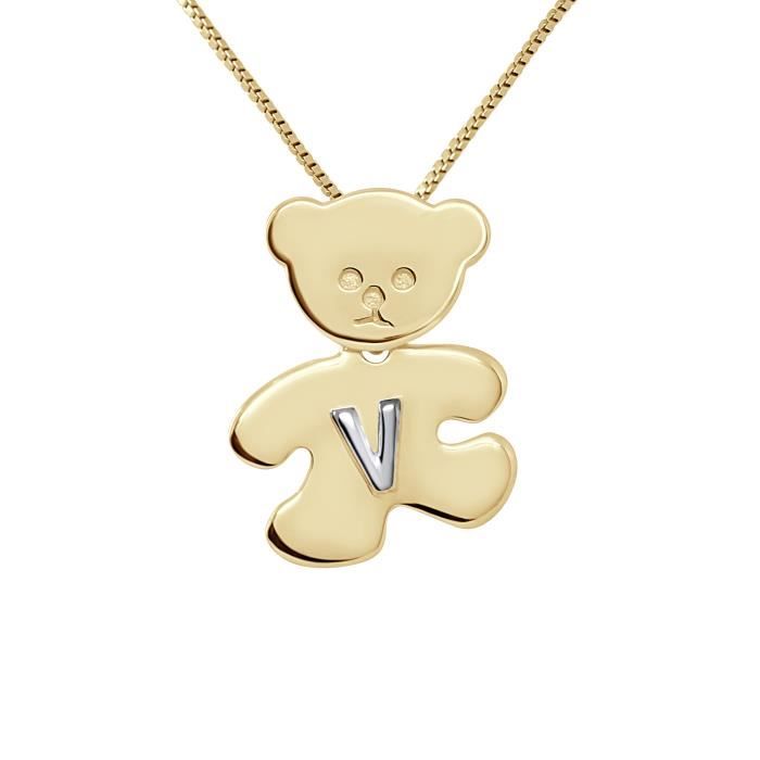 Children's Pendant - LÉA &; ARTHUR - OURSON - Yellow Gold Plated - Letter V 925 Silver - Mixed