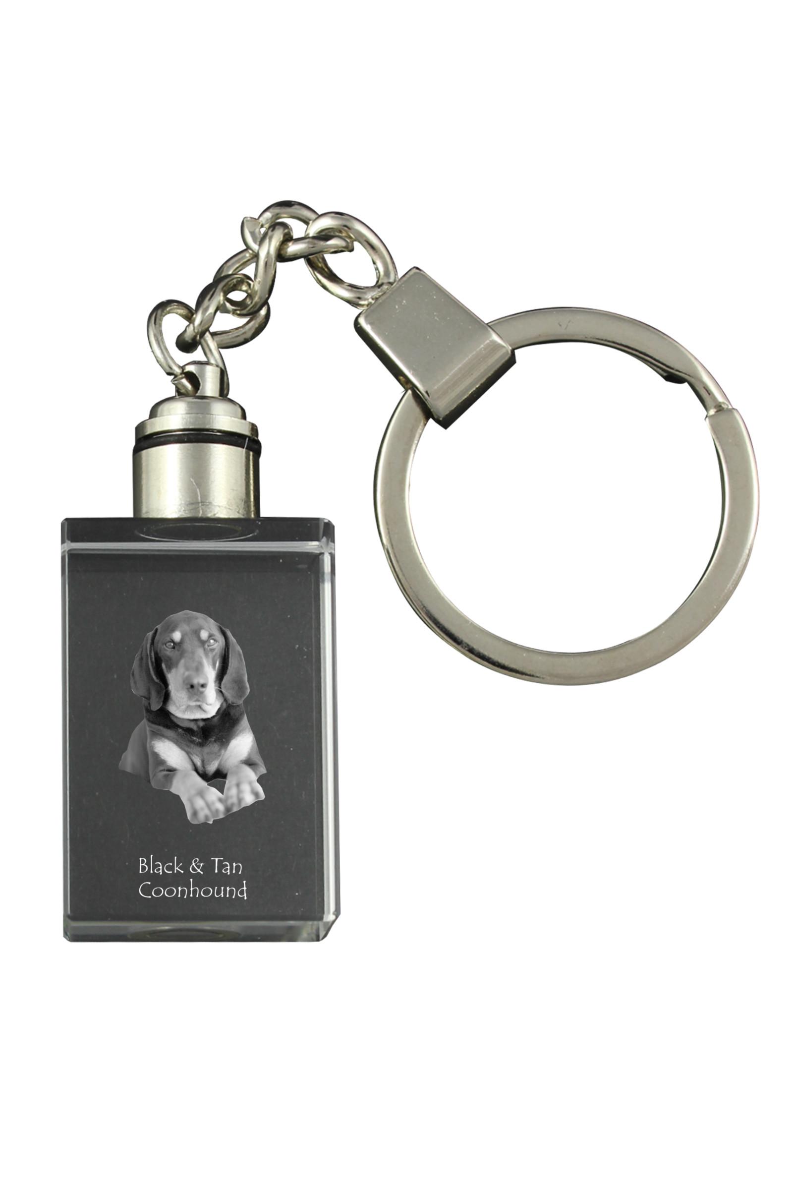 Black and Tan Coonhound I - Crystal Key Ring with Dog Photo, Illuminated Key Ring, Unique Gift by Art-Dog Brand