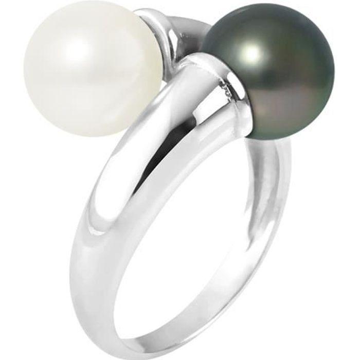 PERLINEA - Genuine Cultured Freshwater and Tahitian Pearl Ring Round 8-9 Mm - Natural Pink - 925 Silver - Women's Jewelry
