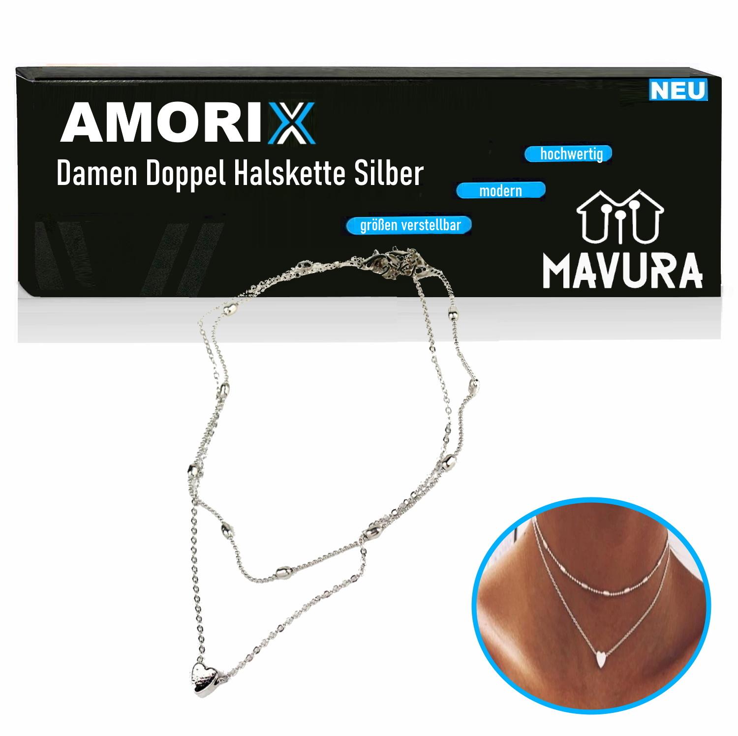 AMORIX Ladies Double Chain Necklace Silver Heart Set Blogger Short Valentine's Day