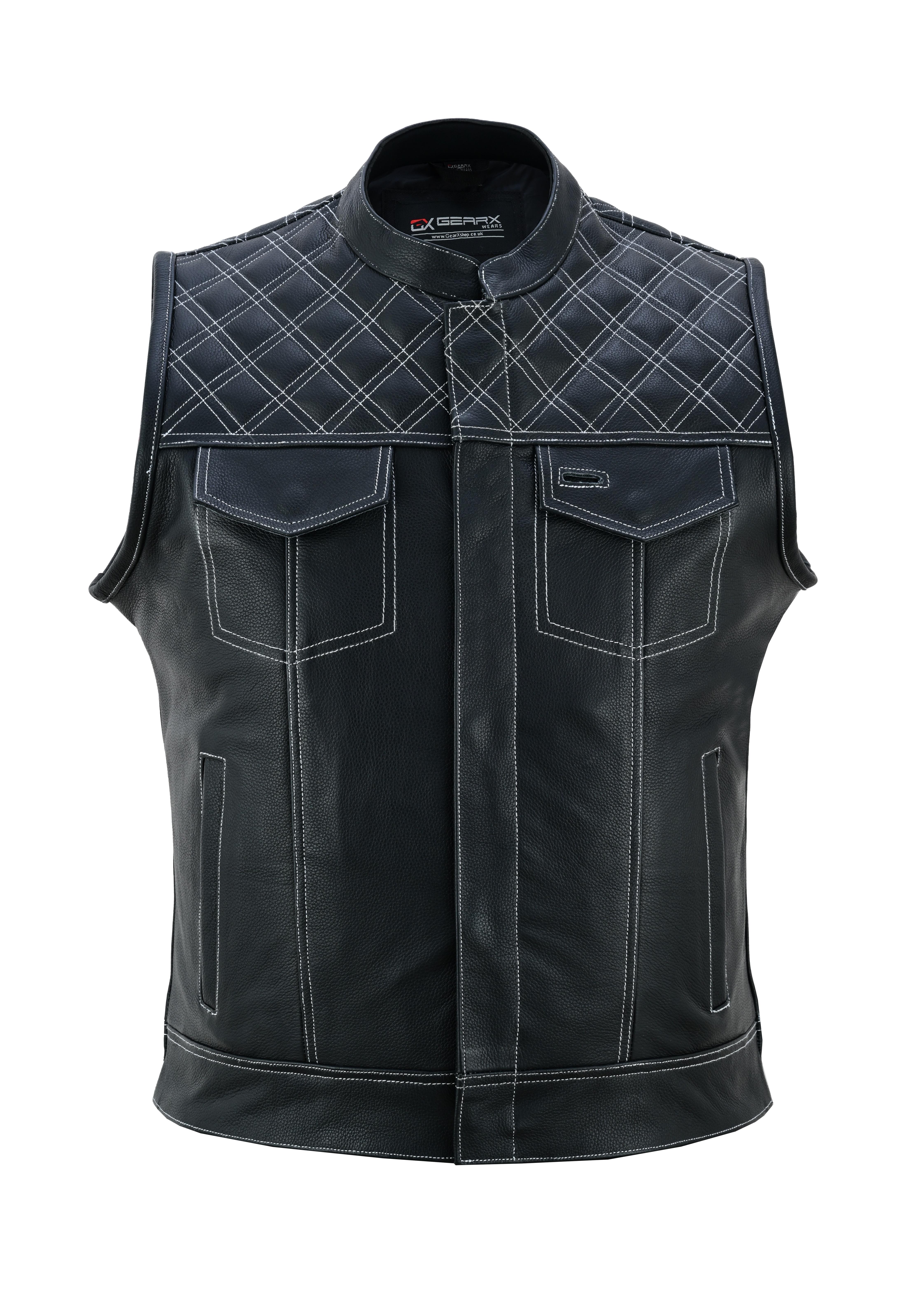 GearX Carlo Leather Vest Motorcycle Waist Coat Diamond Pattern Cruiser Chopper Harley Sons of Anarchy Style