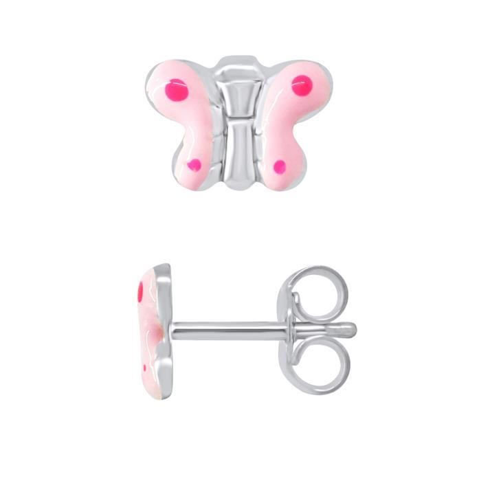 Earrings - LÉA &; ARTHUR - Pink Polka Dot Butterfly - 925 Silver - Pink Enamel - Stud