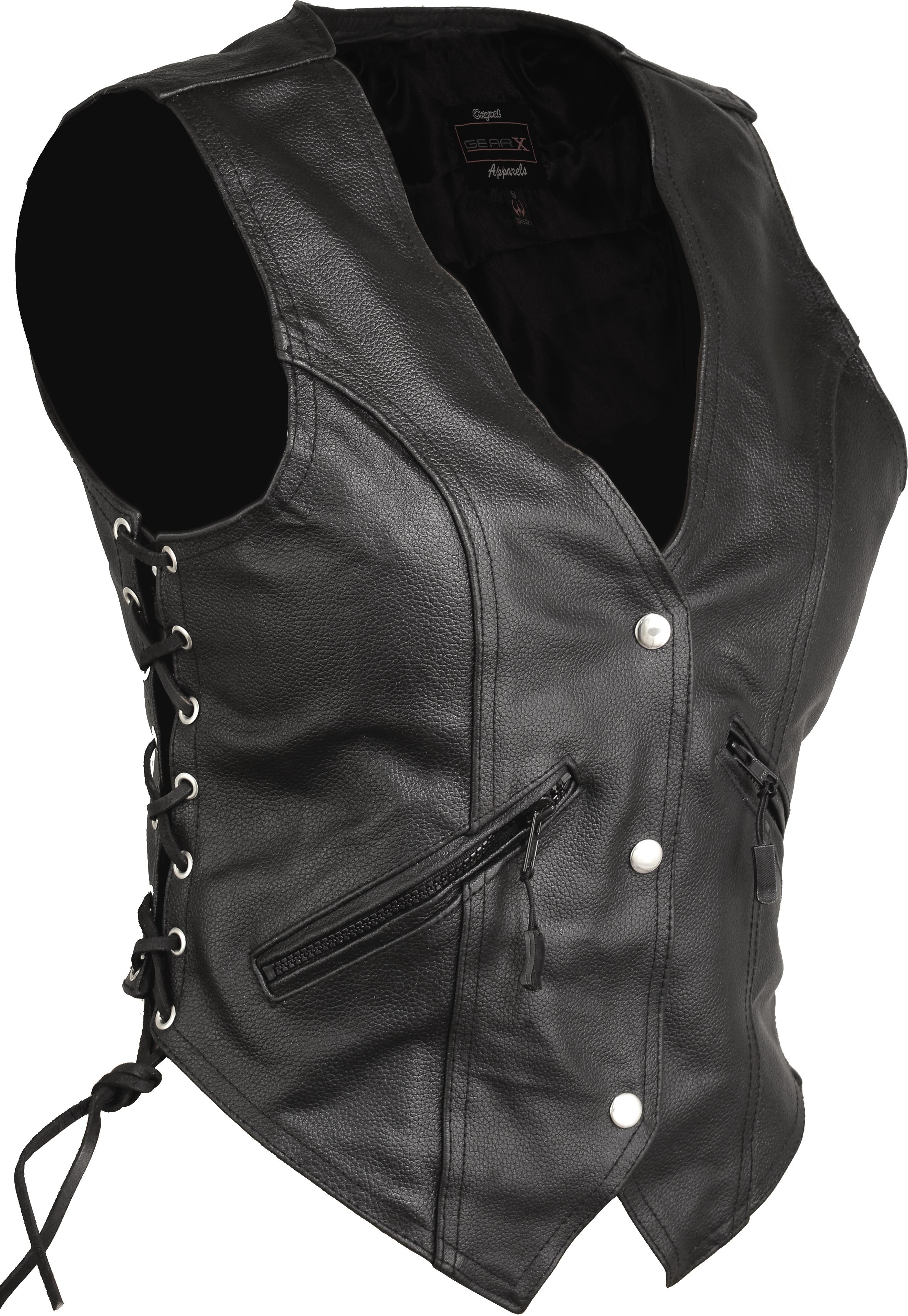 Women Motorcycle Leather Vest Ladies Waistcoat GearX Black
