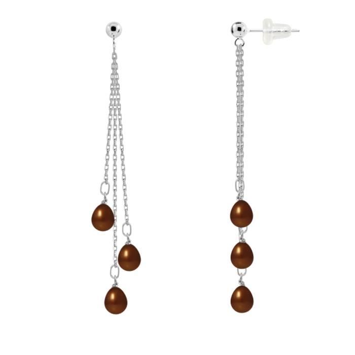 Dangling Earrings - PERLINEA - Genuine Cultured Pearls - White Gold - Chocolate - 5-6 Mm