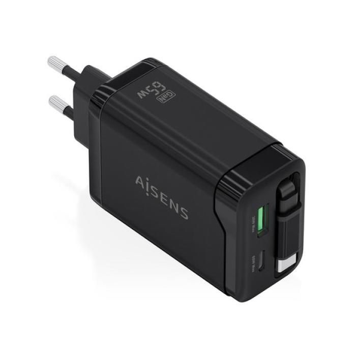 GaN Wall Charger Aisens ASCH-65W3P071-BK- 1xUSB Type-C- 1xUSB- 65W- Black