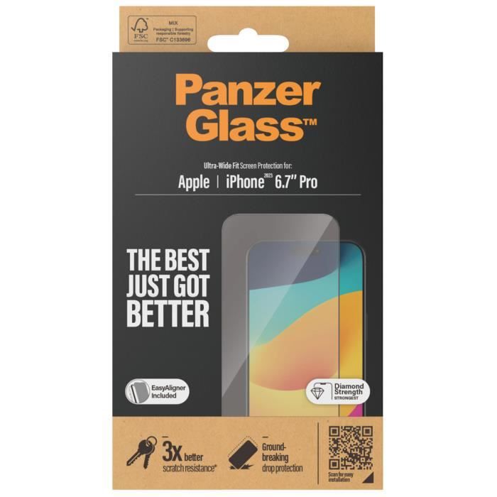 Screen Protector - PANZER GLASS - iPhone 15 Pro Max - Antibacterial - Transparent - Ultra-Wide Fit