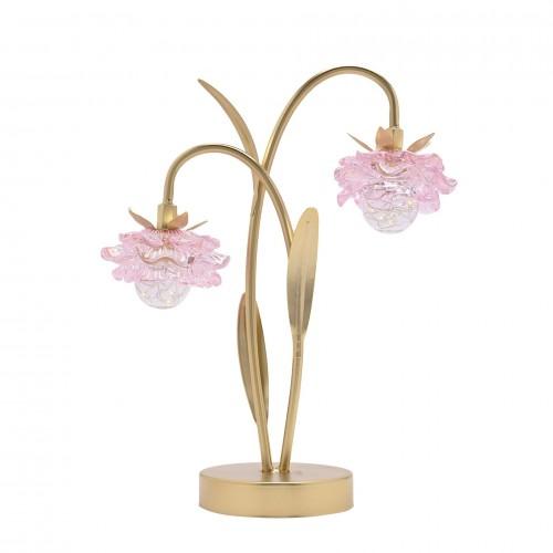 Hestia 2 Stem LED Lamp With Pink Glass Flower And Gold Base