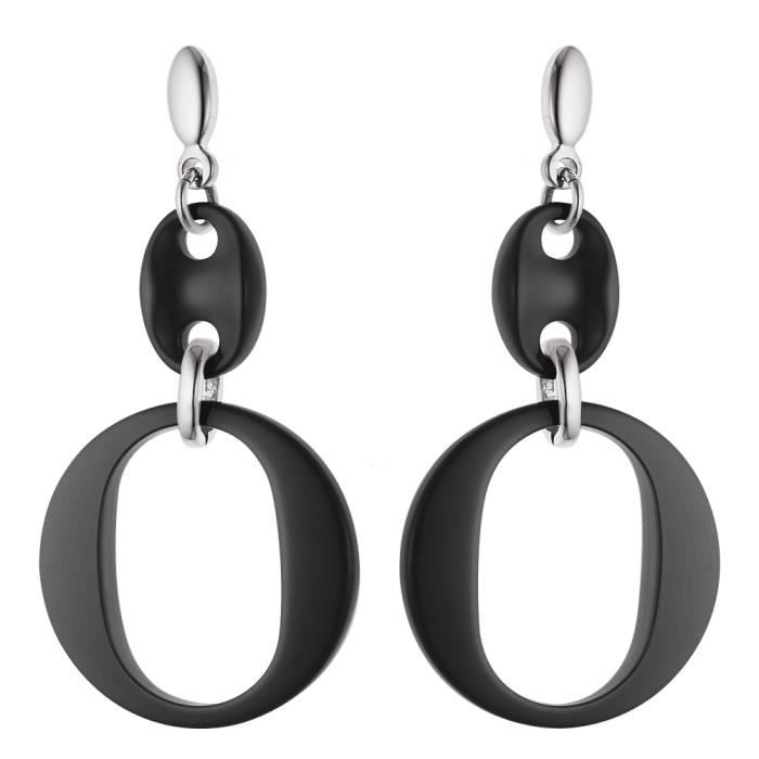 Earrings - Kelsy - 925 Rhodium-Plated Sterling Silver - Large Model - Black Ceramic - Push-Push System