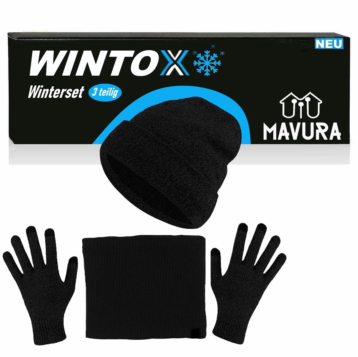 WINTOX Winter Set Winter Hat Tube Scarf Gloves Women Men Black 3in1