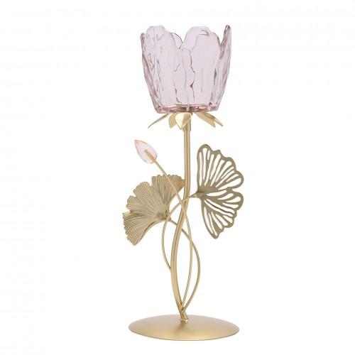 Hestia Single Stem Candle Holder With Blush Pink Glass On Gold Base