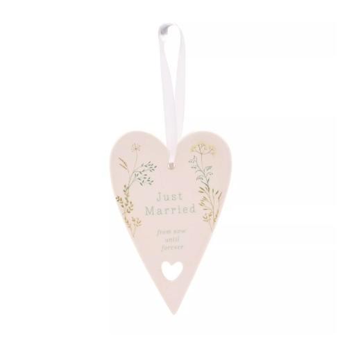 Celebrations Love Story Just Married Ceramic Heart Hanging Ornament