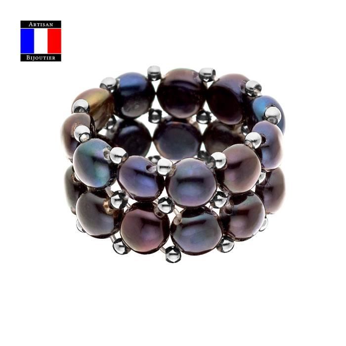 Compagnie Générales Des Perles - 2 Row Ring - Genuine Freshwater Cultured Pearl Black Button - Adjustable Size - Women's Jewelry