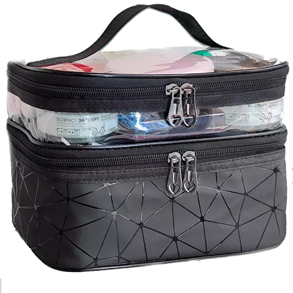 NEEDIVYOU Black Double-Layer Cosmetic Bag with Transparent Top – Travel Organizer