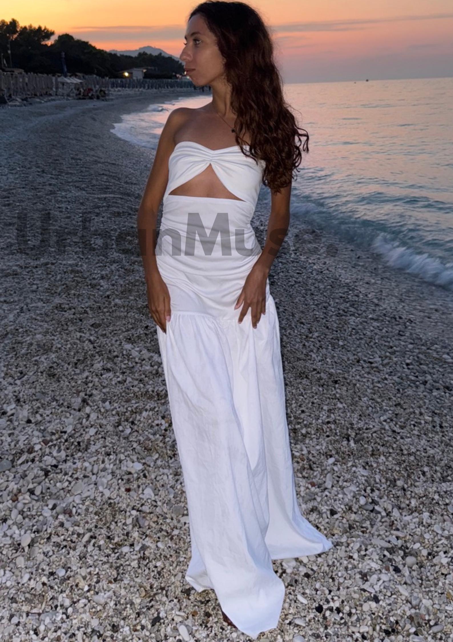 White Strapless Maxi Dress with Cut Out - Elegant Evening & Holiday Dress for Women