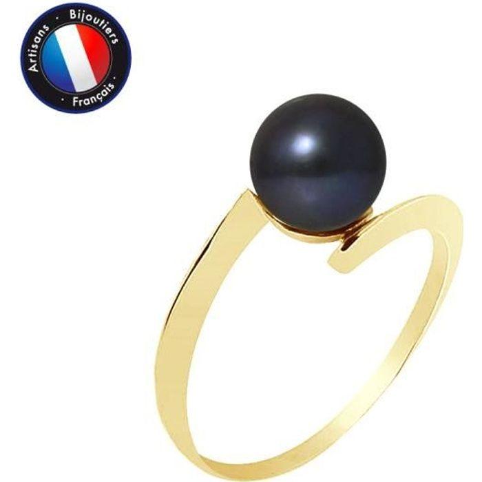 PERLINEA - Genuine Round Freshwater Cultured Pearl Ring 7-8 Mm - Black Tahiti Color - Yellow Gold - Women's Jewelry