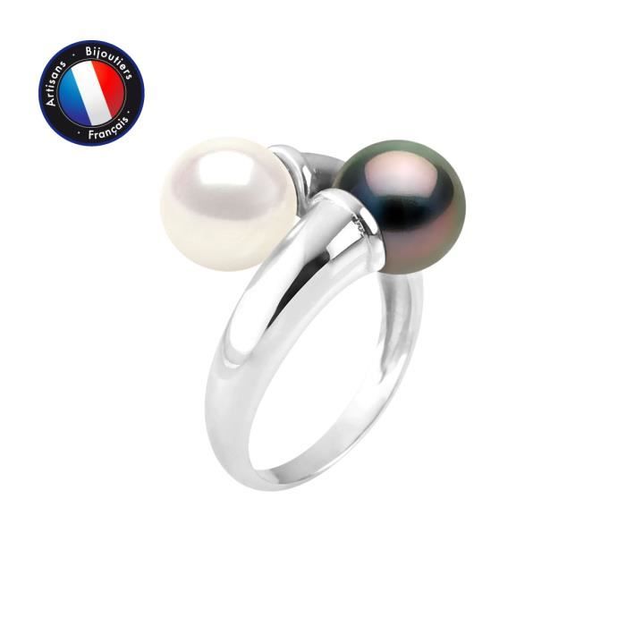 PERLINEA - Ring Toi &; Moi Genuine Tahitian Cultured and Freshwater Round Pearls 7-8 Mm - 925 Sterling Silver - Women's Jewelry