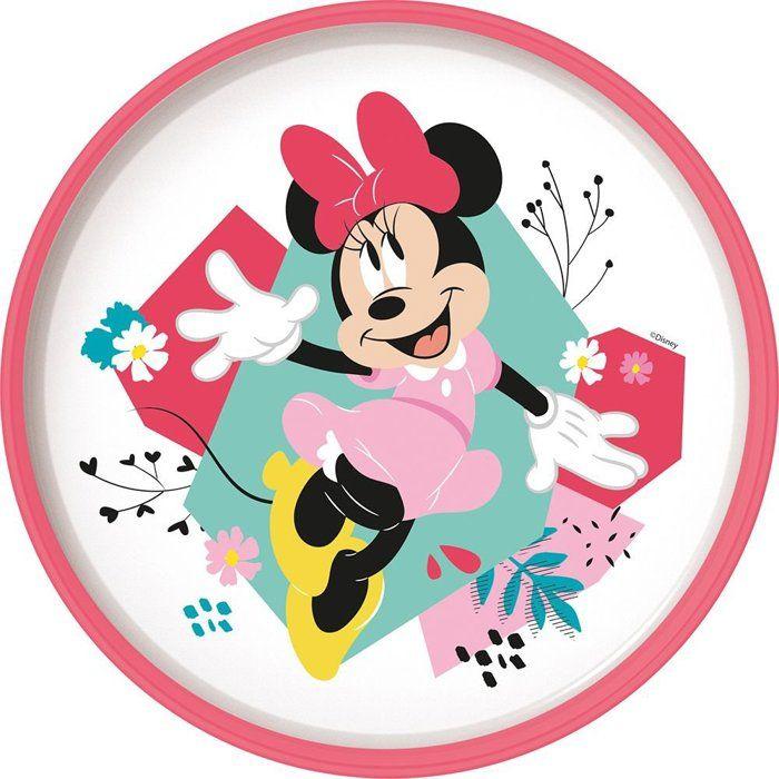 Flat Cuisines Tataway White and Pink Plastic Flat Plate Disney Minnie Mouse for Girls with Non-Slip Base