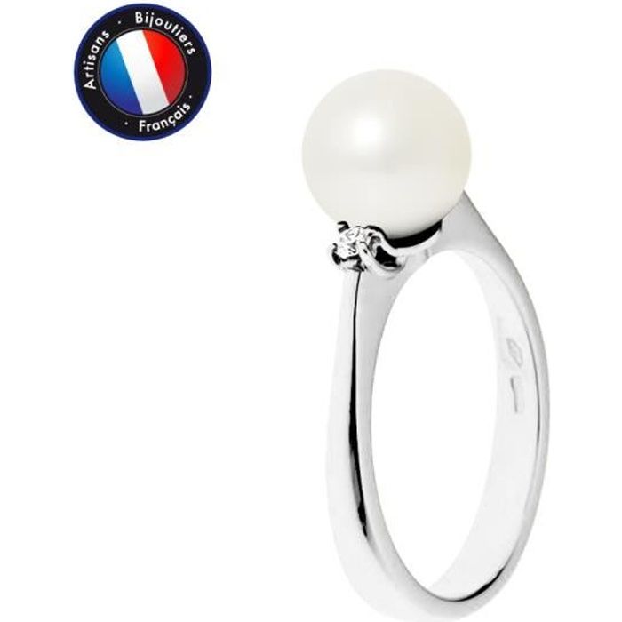 PERLINEA - Genuine Round Freshwater Cultured Pearl Ring 8-9 Mm - Natural White Color - Diamond - White Gold - Women's Jewelry