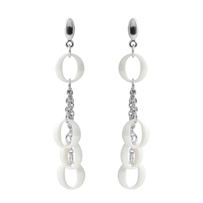 Earrings - Lillie - 925 Sterling Silver Rhodium - Dangle - White Ceramic - Push System